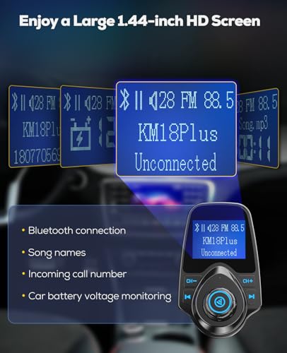 Nulaxy 2026 KM18 Upgraded 48W Bluetooth 5.4 Car FM Transmitter, Fast Charging PD30W+QC3.0 18W, 1.44" Screen Flexible Gooseneck, Radio Adapter for Hands-Free Call & Music via BT/FM/AUX/TF, Cars Trucks
