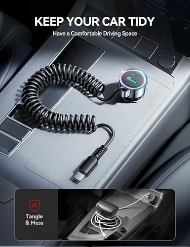USB C 90W Car Charger for iPhone 17/16 Pro Max, PD & QC3.0 w/5 ft 45W Type Coiled Cable, Fast Car Phone Charger Adapter for iPhone 17Air/15 Pro, Samsung Galaxy S26/S25/S24, Pixel 10/LG/Android, iPad