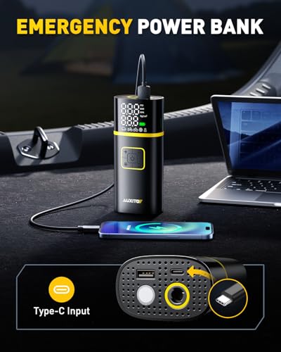 AUXITO AS1 Tire Inflator Portable Air Compressor - 150PSI Bike Pump 1Min Fast Inflate with Tire Pressure Gauge, 5200 mAh, LED Light, Car Accessories Air Pump for Auto, Moto, Bike Car Gifts for Men