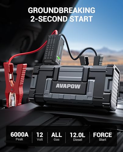 AVAPOW 6000A Car Battery Jump Starter Portable (12V DC Output for All Gas or up to 12L Diesel), Jump Box for Car Battery with USB3.0 Power Bank, Jump Pack with SOS Bright Light