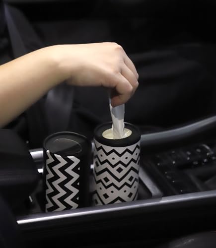 Winoo Design Small Car Tissues Holder - 4PK Modern Black Plastic & Resin Facial Tissues Cylinder - Fits Most Car Cup Holders - Travel Tissue Tubes Box Container