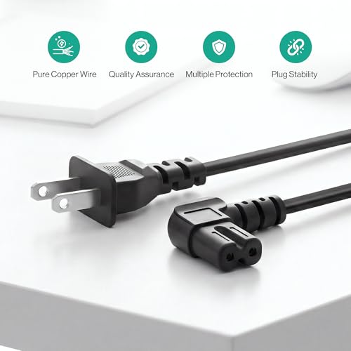 AC 90 Degree Right Angle 2 Prong TV Power Cord Replacement 5ft L Shaped Angled IEC C7 TV Cable for Samsung, LG, TCL, Hisense, Sony, Vizio, Insignia, Sharp, Toshiba