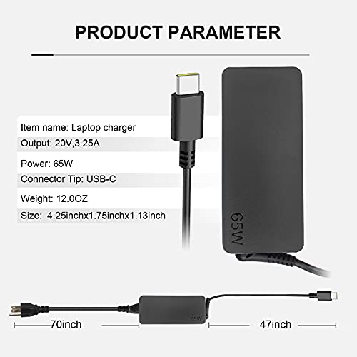 USB C 65W Laptop Charger Compatible with Lenovo Thinkpad X1 X13 T14 T15 T480s T580s ADLX65YDC2A ADLX65YLC2D Yoga 7i 9i C930 C940 Chromebook C330 S330 100e 300e 65W Laptop Power Supply Adapter Cord