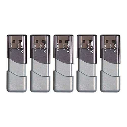 PNY 32GB Turbo Attache 3 USB 3.0 Flash Drive, Grey (Pack of 5)