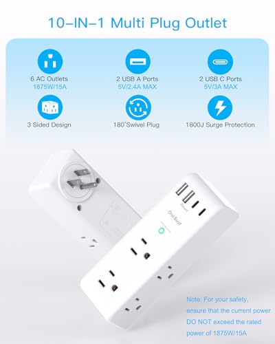 Surge Protector Outlet Extender - with Rotating Plug, 6 AC Multi Plug Outlet with 4 USB Ports (2 USB C), 1800J Wall Charger, 3-Sided Power Strip with Spaced Outlet Splitter for Home, Office, Travel