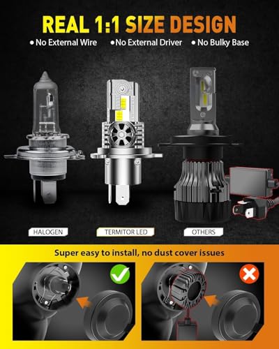Latest H4/9003/HB2 Bulbs, 50,000LM Brightness Hi/Low Beam, 6500K Cool White, 1:1 Halogen Size Automotive Replacement H4 9003 Fog Lights, Plug-N-Play, IP68 Waterproof, Pack of 2