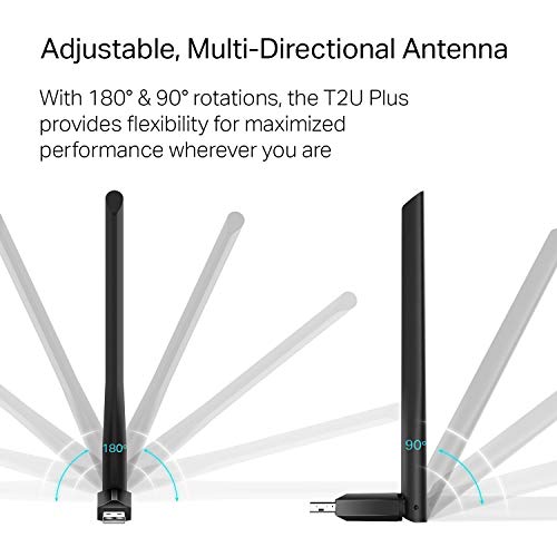 TP-Link AC600 USB WiFi Adapter for PC (Archer T2U Plus)- Wireless Network Adapter for Desktop with 2.4GHz, 5GHz High Gain Dual Band 5dBi Antenna, Supports Win11/10/8.1/8/7/XP, Mac OS 10.9-10.14, Black