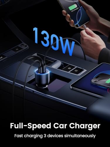 UGREEN 130W USB C Car Charger, PD 100W +PD 30W Type C Car Charger Adapter Compatible with iPhone 17/17 Air/17 Pro/17 Pro Max/16/15/14/13/12 Series, Galaxy S24 S23 Ultra, iPad, MacBook, and More