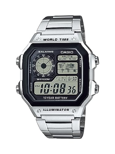 Casio AE1200WH Series | Men’s Digital Watch | 100M WR | Multi Alarms | 100 SEC Stopwatch | Countdown Timer | World Map for World Time | LED Light | LC Analog Display | 10 Year Battery