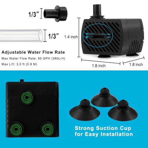 PULACO 95GPH 5W Mini Submersible Water Pump with 3.3 ft Tubing for Aquarium Fish Tank, Pond, Fountain, Hydroponics