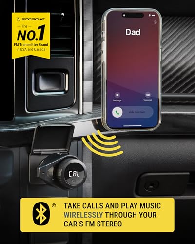 Scosche BTFM9 FM Bluetooth Transmitter Car, Dual 12W USB-C and USB-A Charging Ports, Fast Type C Car Charger, Wireless Radio Bluetooth Adapter, Hands-Free Kit for Calls, Siri and Google Assistant