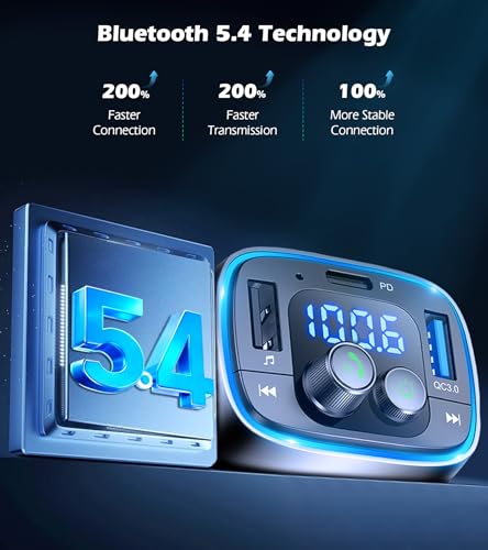 LIHAN FM Transmitter for Car Bluetooth Adapter 5.4,48W PD+QC Fast Charging,Hands-Free Calling,Streams Spotify/Navigation/Music via Car Radio,Wireless Upgrade Non-Bluetooth Cars,USB-C,USB/TF,12V/24V
