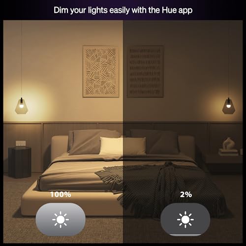 Philips Hue Essential Smart LED A19 Bulb, White and Color Ambiance, E26 Base, 8.8W, 2200K-6500K, 800 Lumens, Dimmable, Works with Alexa, Google, and Apple Home, 4-Pack
