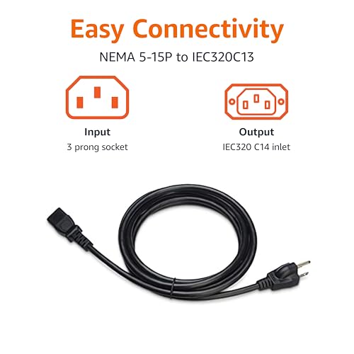 Basics Replacement Power Cord for Computer, Monitor, TV, Printer, PC, 3 Prong, 18 AWG, 125 Volts, 10 Feet, Black
