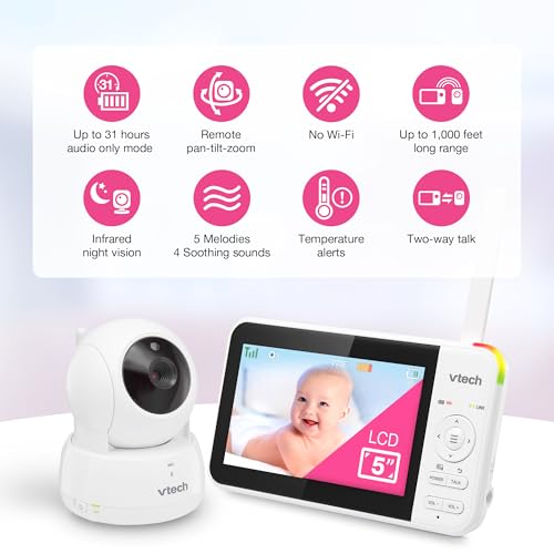 VTech VM924 5" Pan Tilt Zoom Video Baby Monitor – No WiFi, 17 Hour Battery, 1000ft Range, Night Vision, Lullabies, Temperature Sensor & 2-Way Talk – Ideal for New Parents