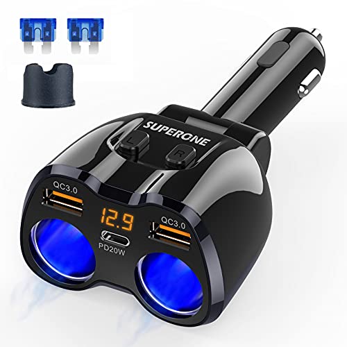 [2026 Upgraded] Cigarette Lighter Splitter, SUPERONE 180W 2-Socket Cigarette Lighter Adapter with Dual QC3.0 and 20W PD USB C Car Charger Splitter for GPS/Dash Cam/Laptop/iPad/iPhone 17/16/15/14/13/12