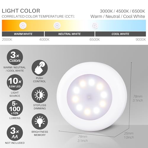 STAR-SPANGLED 4 Pack 3.1” Dimmable Push Tap Lights, Stick on LED Touch Puck Lights AA Battery Operated, 3 Color Modes Sticky Button Lamps for Classroom, Kitchen, Under Cabinet, Closet