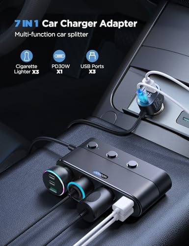[2026 Upgraded] 7 in 1 Cigarette Lighter Adapter, JOYROOM 179W Car Charger Adapter with PD30W Charge(3.3FT Cable), 24V/ 12V Cigarette Lighter Splitter with Independent Switches & LED Voltage Display