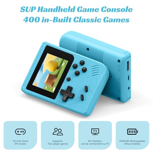 Mini Retro Handheld Games Console, Built-in 400 Video Games,Portable Video Gaming Player with 3.0 Inch IPS Screen and Rechargeable Battery (Blue)