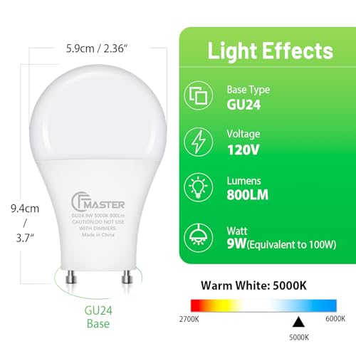 GU24 LED Light Bulb, 5000K Daylight, 9W(100W Equivalent), 800 Lumens, A19 Shape GU 24 LED Bulbs, Twist and Lock GU24 Pin Base with Two Prongs, Non-Dimmable, UL ETL Certificated(4-Pack)