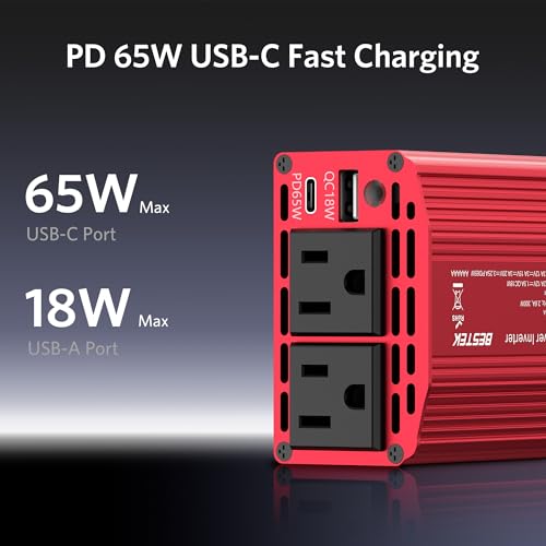BESTEK 300W Power Inverter with 65W USB-C QC3.0 Ports - 12V DC to 110V AC Car Converter Charger for Vehicles - 11V-17V Aluminum Housing Car Plug in Cigarette Lighter Adapter Outlet for Laptop