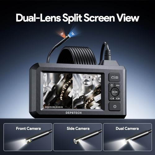 DEPSTECH Dual Lens Industrial Endoscope, 1080P Digital Borescope Inspection Camera, 7.9mm IP67 Waterproof Sewer Camera with 4.3" LCD Screen, 7 LED Lights, 16.5FT Semi-Rigid Cable, 32GB Card-Black