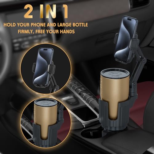 Phone Holders for Your Car, 2 in 1 Universal Cup Holder Expander Adjustable Base with Phone Mount, Long Arm with 360°Rotation Cup Holder Phones Mount for Car Compatible with All Smartphones
