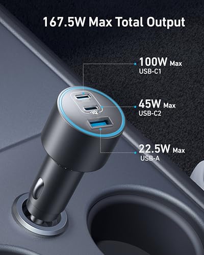 Anker iPhone 17 USB-C Car Charger, 167.5W Max 3-Port Ultra-Compact Type-C Fast Car Charger for MacBook Pro/Air, iPhone 17/16/15 Series, Samsung S25/S26, iPad Pro, AirPods and More