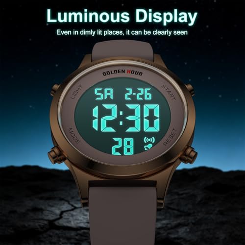 GOLDEN HOUR Waterproof Women's Digital Sports Watches with Silicone Strap, Alarm Calendar Stopwatch Chronograph 32mm Rose Gold Case