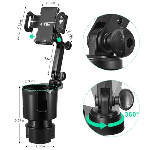 This Hill Car Cup Holder Expander 2-in-1 with Adjustable Base & 360° Rotating Phone Mount, Compatible with iPhone 17 Pro Max and Smartphones up to 4.13", Fits Large Bottles up to 3.78"