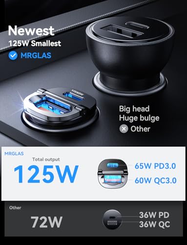 【Upgraded】 125W Car Charger USB C Super Fast Charging, [PD65W & QC60W][All Metal] MRGLAS Cigarette Lighter Car Charger, Car Electrical Accessories for iPhone 17 Pro Max iPad Samsung S26 S25 Pixel 10