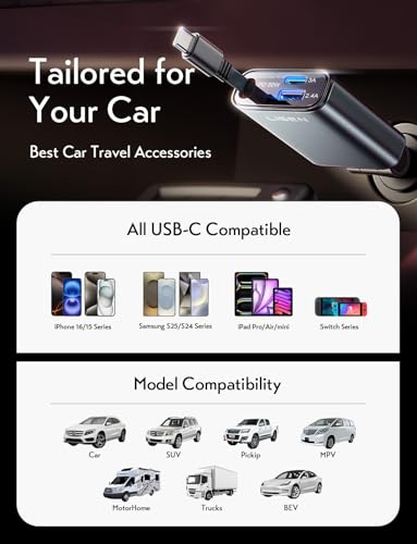 LISEN Retractable Car Charger USB C, [Upgraded 72W Max] | Car Accessories，Gifts for Men Women Him Her Car Charger for iPhone/Android Truck RV Electronics