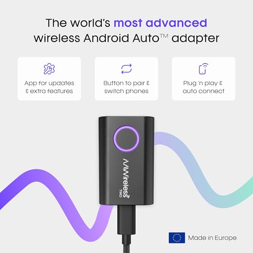AAWireless Two – Wireless Android Auto Adapter – Convert Factory Wired Android Auto to Wireless – Bluetooth & Wi-Fi Auto Connect – Easy Plug & Play – Multifunction Button – Made in Europe