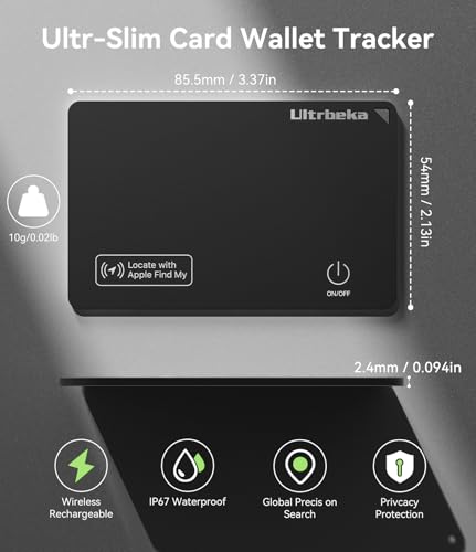 Ultrbeka Ultra-Thin Wallet Tracker Card 0.094in IP68 Waterproof Bluetooth Tracker for Wallets, Passport, Work with Apple Find My, Wireless Charging, Card Locator [Apple MFi Certified] iOS Only