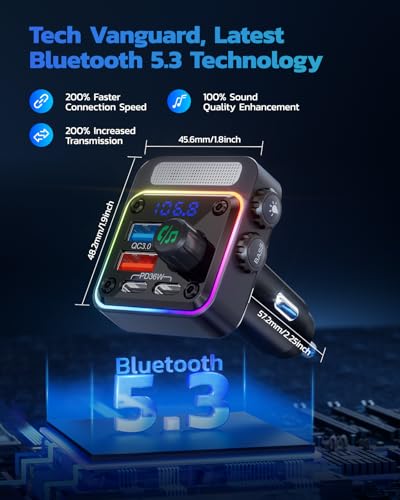 Nulaxy 54W Bluetooth 5.3 Car Adapter Charger 4-Port Fast Charging [PD36W & QC3.0 18W], Wireless Radio FM Transmitter with Deep Bass Player, 5 Colors LED Backlit, Hands-Free Calling, Support USB Drive