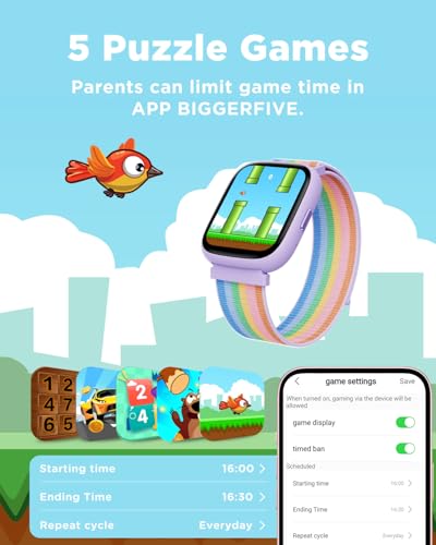 BIGGERFIVE Smart Watch for Kids, 1.8" Fitness Tracker Watch Pedometer, Heart Rate, IP68 Waterproof, Sleep Monitor, Calorie Step Counter, 5 Puzzle Games with/Without APP for Girls Teens 5-16, Nylon