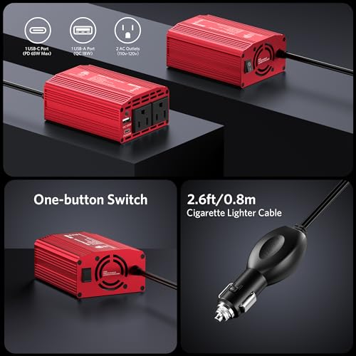 BESTEK 300W Power Inverter with 65W USB-C QC3.0 Ports - 12V DC to 110V AC Car Converter Charger for Vehicles - 11V-17V Aluminum Housing Car Plug in Cigarette Lighter Adapter Outlet for Laptop