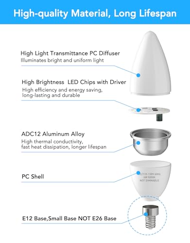 PARTPHONER E12 Base LED Light Bulbs B11 Candelabra Bulbs 60W Equivalent, Non-Dimmable 6W LED Bright Candle Small Base Chandelier Bulb 600 Lumen, 5000K Cold White for Ceiling Fan, Pack of 6
