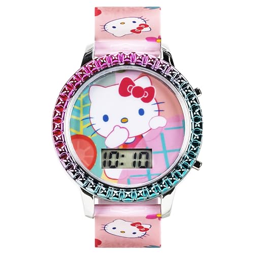 Accutime Sanrio Hello Kitty Girls' Digital LCD Quartz Watch with Pink Strap and Colorful Bezel - Fun LED Light Show - Easy to Read Time for Kids - Fits Wrist 5.5"-8"