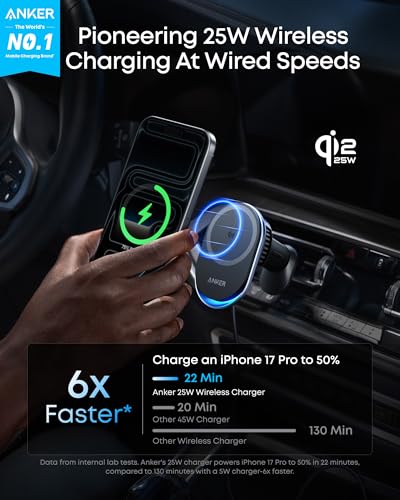 Anker  MagSafe Car Mount Charger, Qi2 25W Certified Wireless Car Charger with AirCool, Strong Magnets, Air Vent Mount for iPhone 17-12 Series
