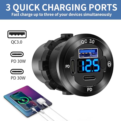 12V USB Car Socket Round USB C 12V Outlet, 3-Port Marine Fast Charger Waterproof Cigarette Outlet Replacement Aluminum with Switch & Voltmeter, Suitable for Boat Golf Cart RV Motorcycle Truck