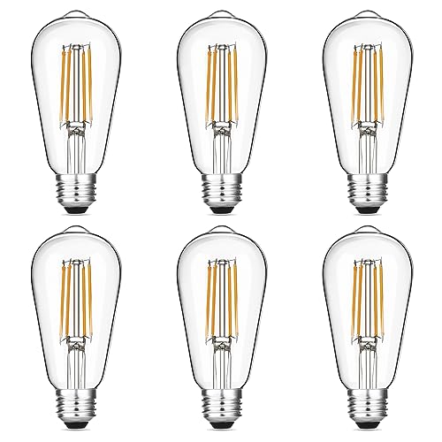 Vintage LED Edison Bulbs 6W, Equivalent 60W Incandescent, Warm White 2700K, ST58 Antique LED Filament Bulbs with 90+ CRI, E26 Medium Base,Dimmable, Clear Glass, Pack of 6