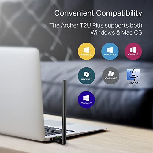 TP-Link AC600 USB WiFi Adapter for PC (Archer T2U Plus)- Wireless Network Adapter for Desktop with 2.4GHz, 5GHz High Gain Dual Band 5dBi Antenna, Supports Win11/10/8.1/8/7/XP, Mac OS 10.9-10.14, Black