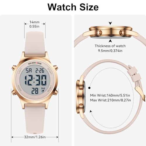 GOLDEN HOUR Waterproof Women's Digital Sports Watches with Silicone Strap, Alarm Calendar Stopwatch Chronograph 32mm Rose Gold Case