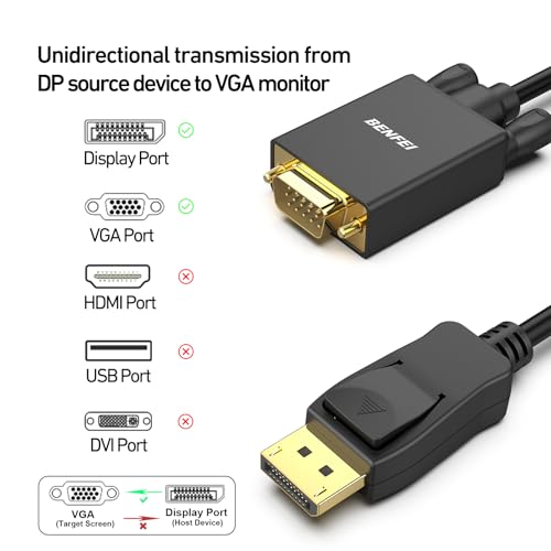 BENFEI DisplayPort to VGA Cable, 1.8M Display Port of Computer/Laptop to VGA of Monitor/Projector Gold-Plated Adapter (Not Bidirectional,Not Compatible with HDMI or USB)