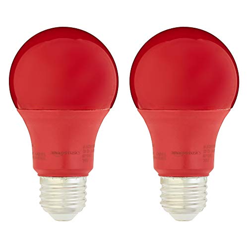 Basics A19 Red Color Party LED Light Bulbs, 60W Equivalent, 9W Energy Efficient, E26 Standard Base, Non-Dimmable, 10,000 Hour Lifetime, 2-Pack