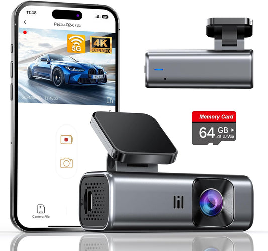 4K Dash Cam Front, Built-in 5G WiFi, 64GB Card Included, Dash Camera for Cars, Mini Dashcam with Super Night Vision, Loop Recording, G-Sensor