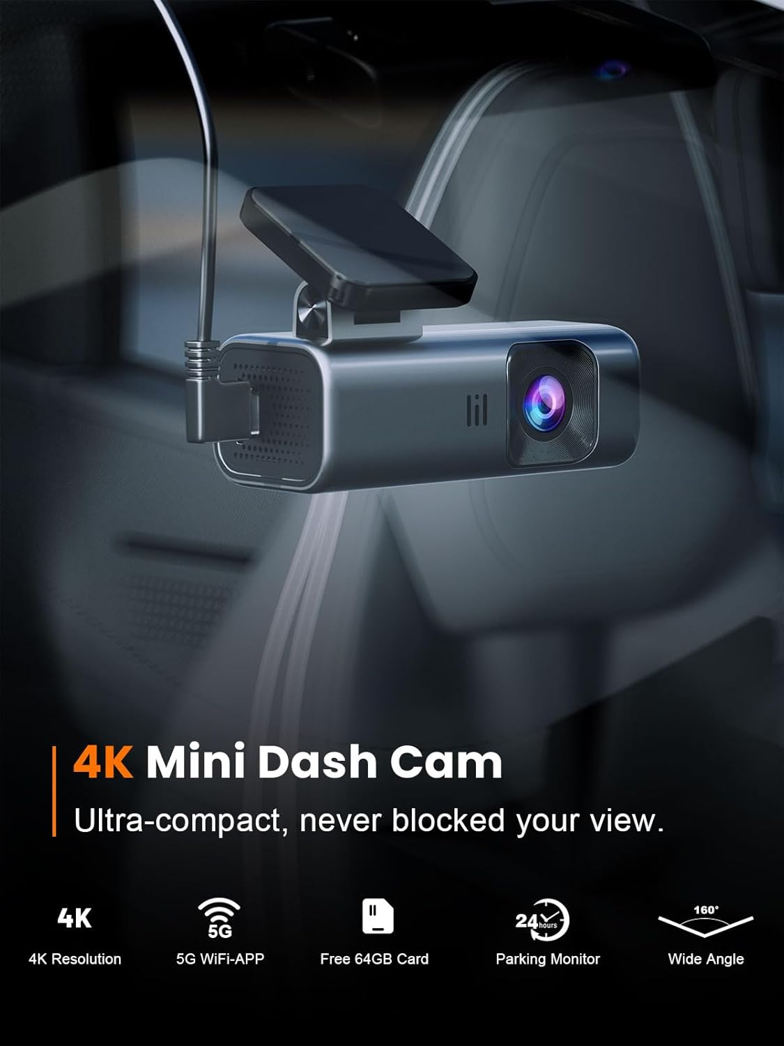 4K Dash Cam Front, Built-in 5G WiFi, 64GB Card Included, Dash Camera for Cars, Mini Dashcam with Super Night Vision, Loop Recording, G-Sensor