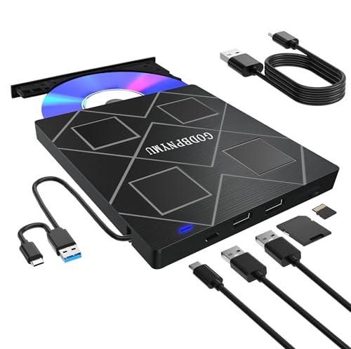 5-in-1 Extemal CD/DVD Drive for Laptop, USB 3.0 & Type-C Portable CD/DvD Rw Burner with SD/TF Card Reader &DVD-ROM Rewritable Player