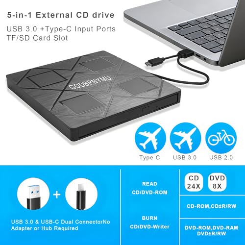 5-in-1 Extemal CD/DVD Drive for Laptop, USB 3.0 & Type-C Portable CD/DvD Rw Burner with SD/TF Card Reader &DVD-ROM Rewritable Player